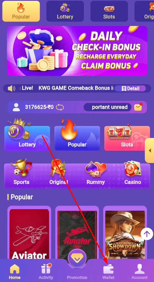 Open the wallet section